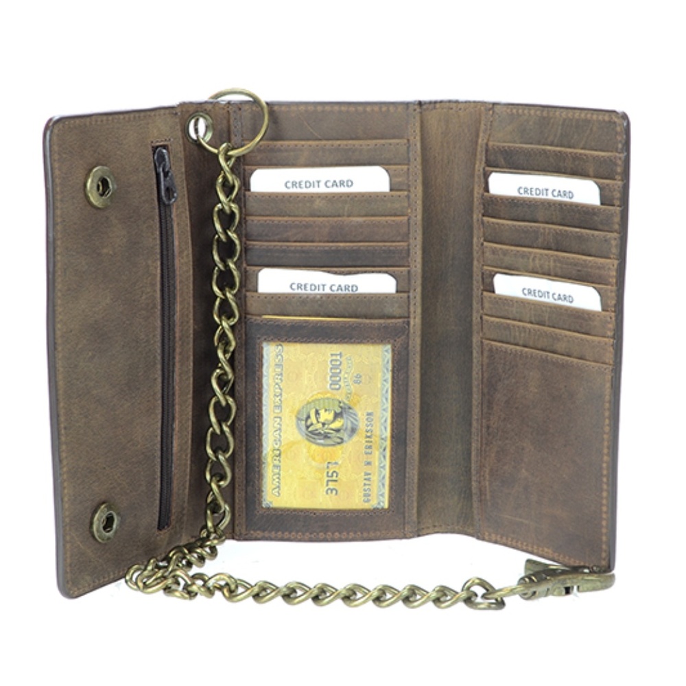 Brown Leather RFID Motorcycle Wallet With Chain